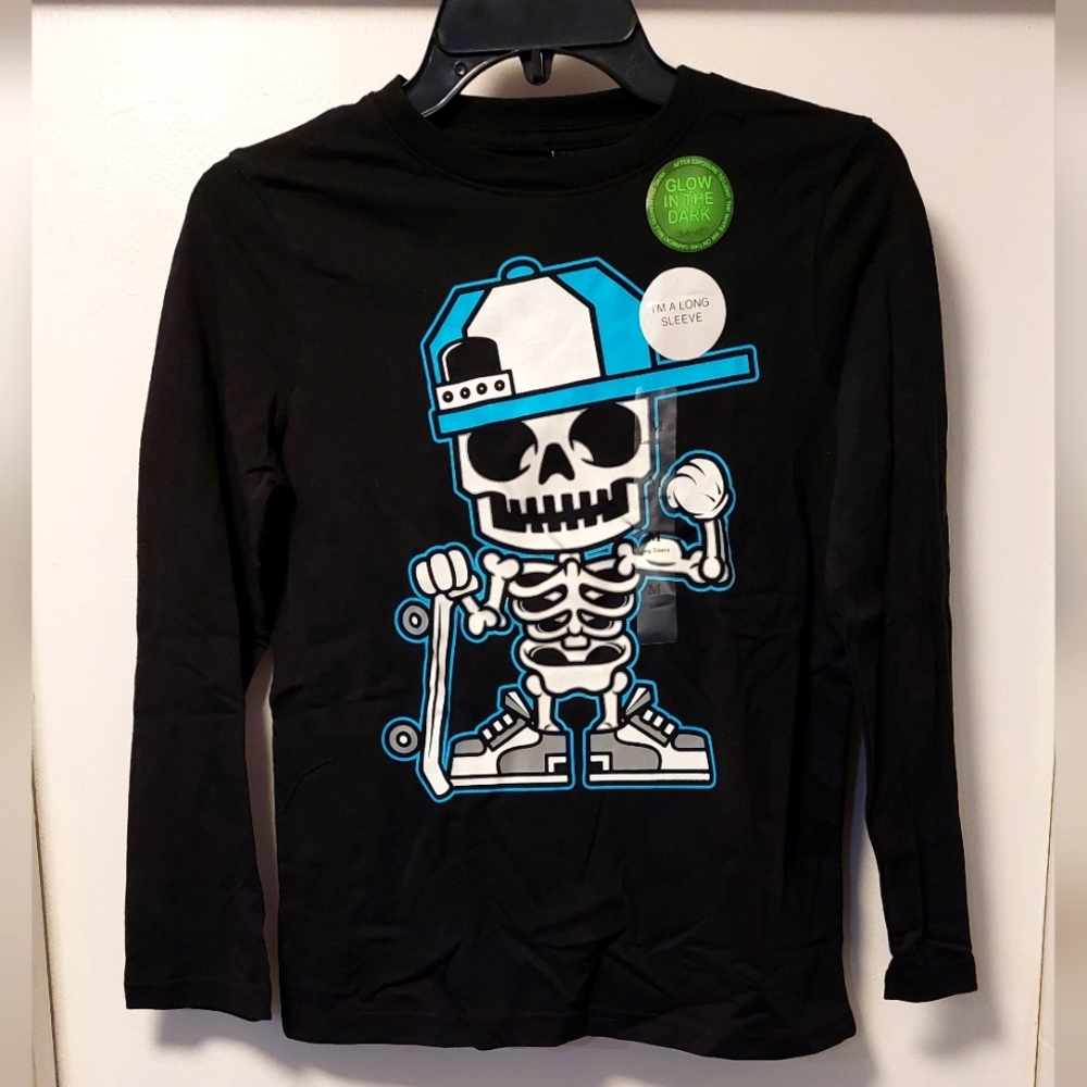 🤑5/$25 NWT HYBRID Glow in the Dark Long Sleeve Skater Skeleton Tee